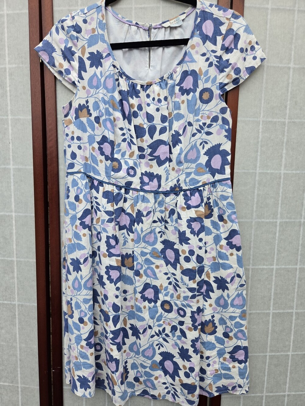 Boden 100% Linen Floral Dress Blue Cottagecore Folk Art Prairie Boho Coastal 10R